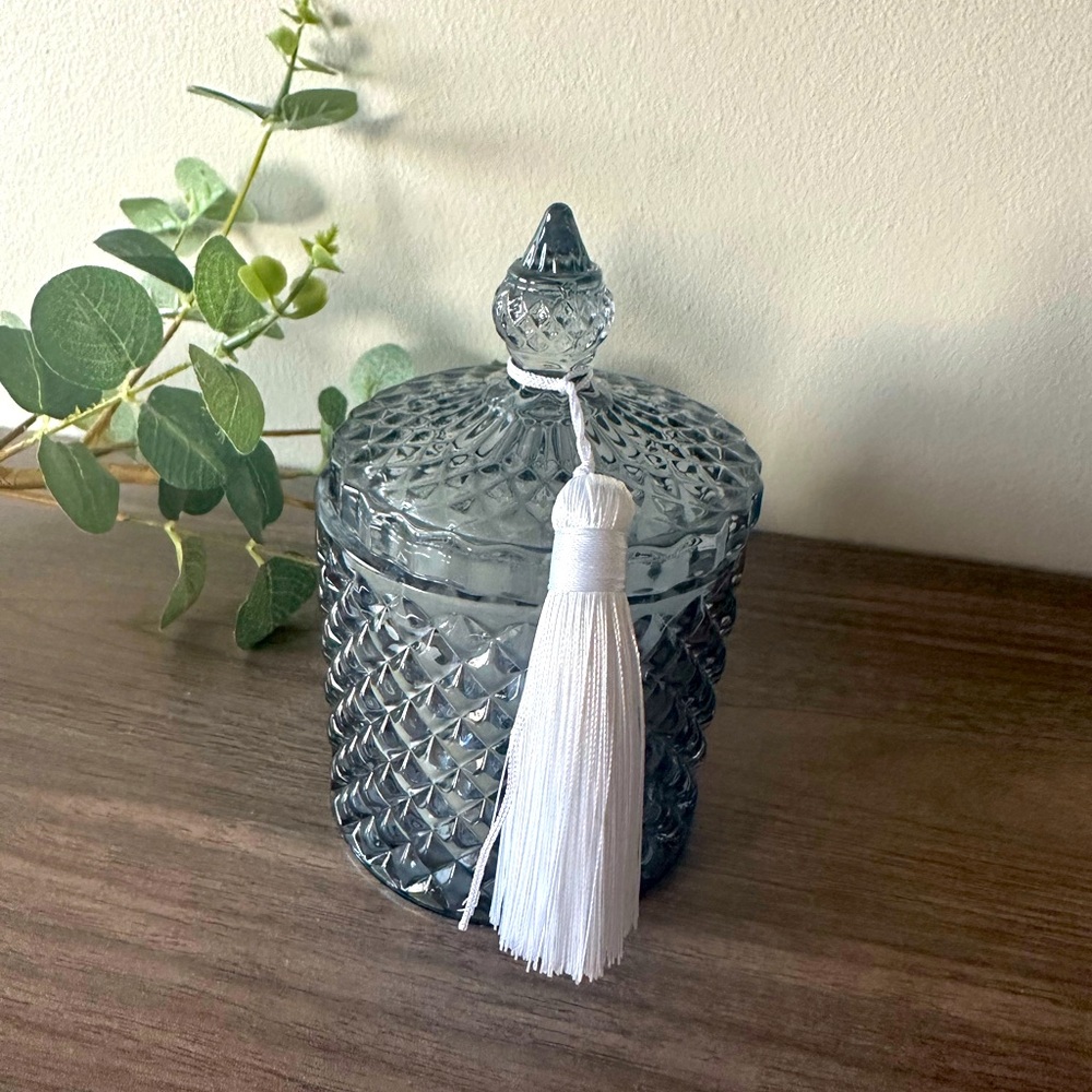 Elegant Blue Glass Candle Holder with Tassel